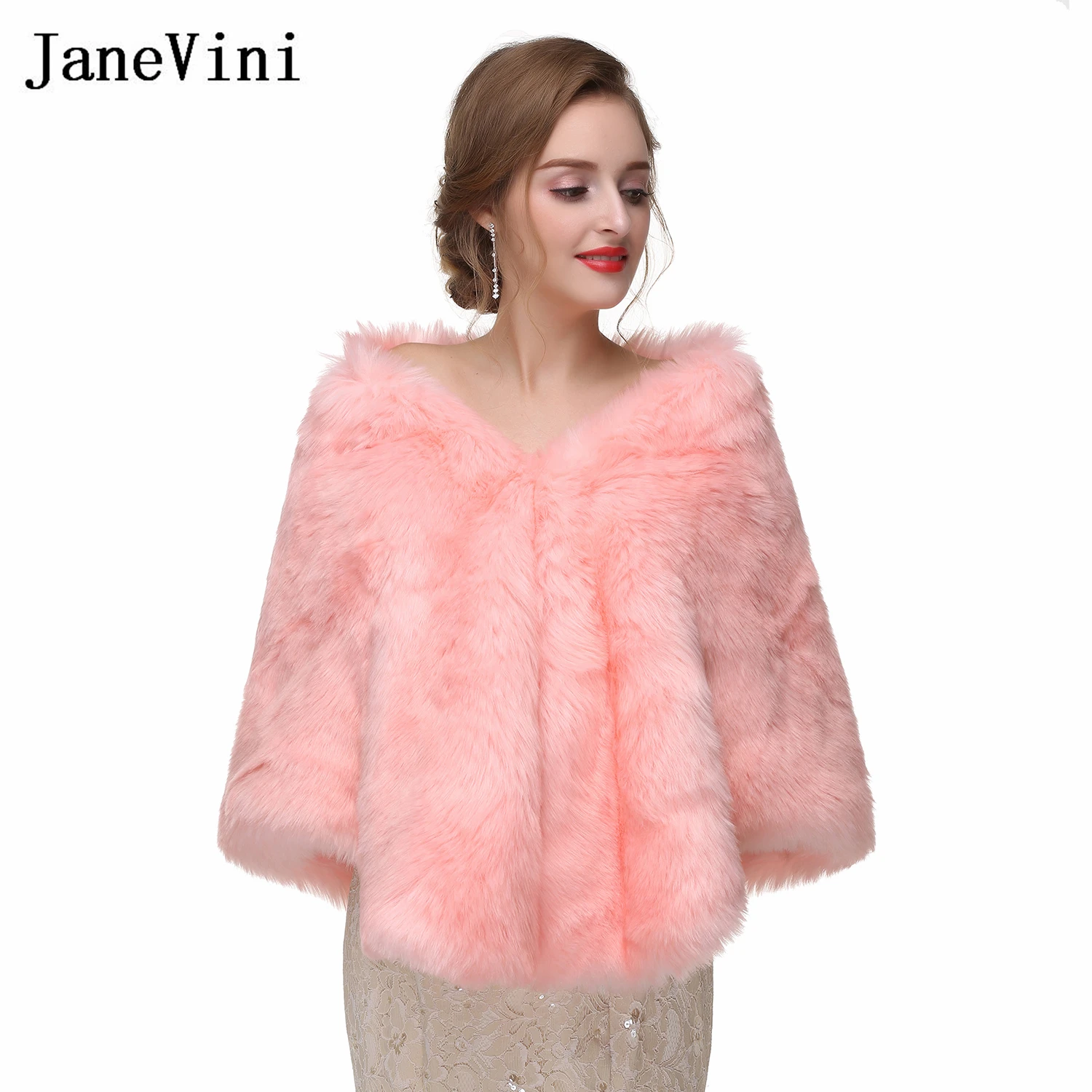 JaneVini-marfim Faux Fur nupcial Bolero, envoltórios, xale para noiva, vestido de noite, estolas quentes, casamento, encolhe os ombros elegantes, inverno