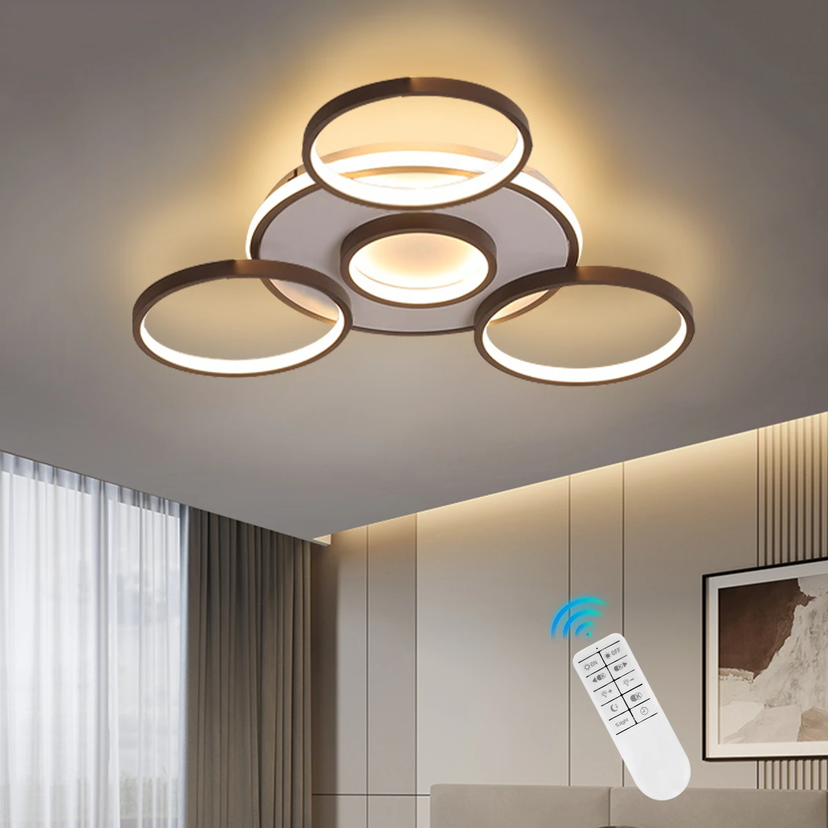 

5-LED Flush Mount Ceiling Light Fixtures Decor Dimmable with Remote Modern Rings Design Kitchen Island Chandelier Dining Room