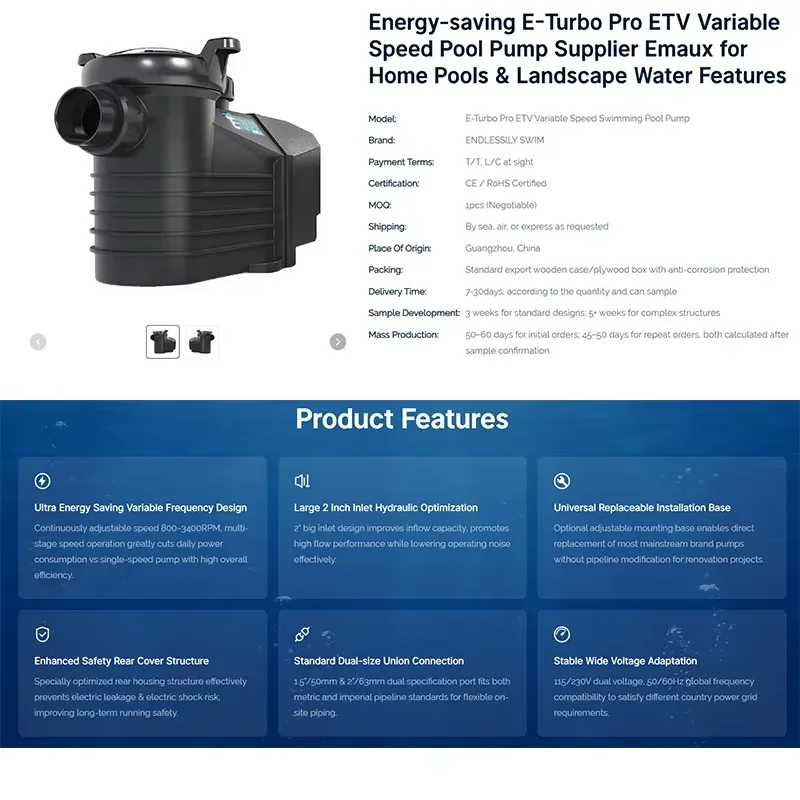 ETV Variable Frequency Circulation Pump for Swimming Pool, Household Filtration Water Treatment Equipment
