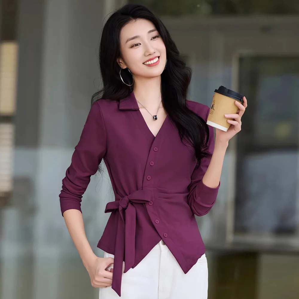 

New Women Spring Summer Nice Design T-shirt Fashion V-Neck Long Sleeve Slim Waist T-shirt Elegant Simplicity Pullover T-shirt