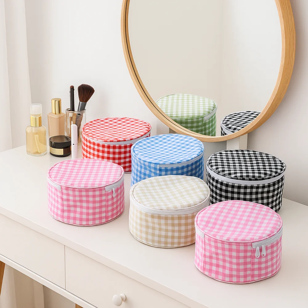 Plaid Makeup Bag Large Capacity Round Checkered Cosmetic Travel Jewelry Box Multi-pocket Storage Bag For Women