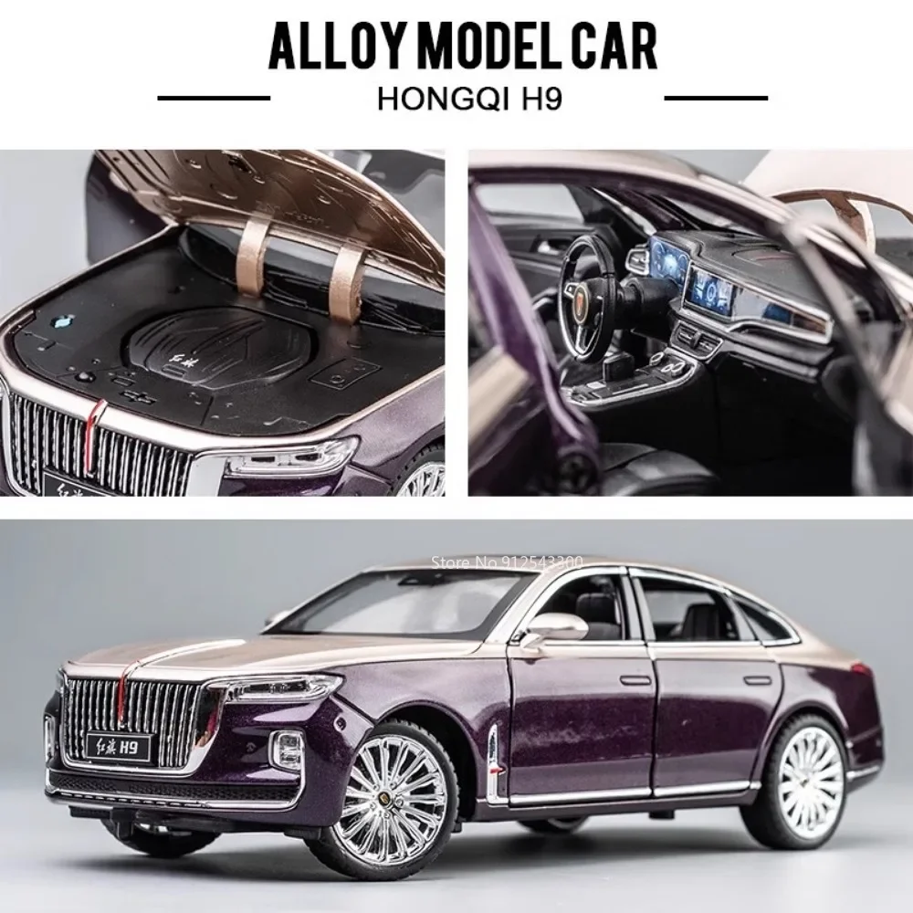 1:24 Hong Qi H9 Car Toy Model Alloy Diecast Light Music Pull Back Shock Absorption Miniature Vehicles Kids Desktop Ornaments