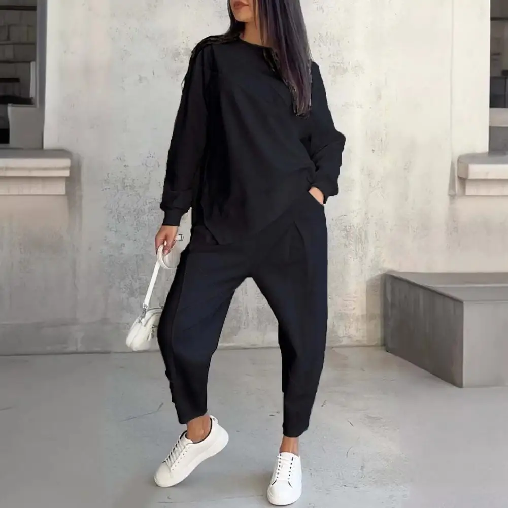 Loose Trousers Set Elegant Women's Top Pants Set with Irregular T-shirt Elastic Waist Trousers Stylish Ol Commuting for Fall