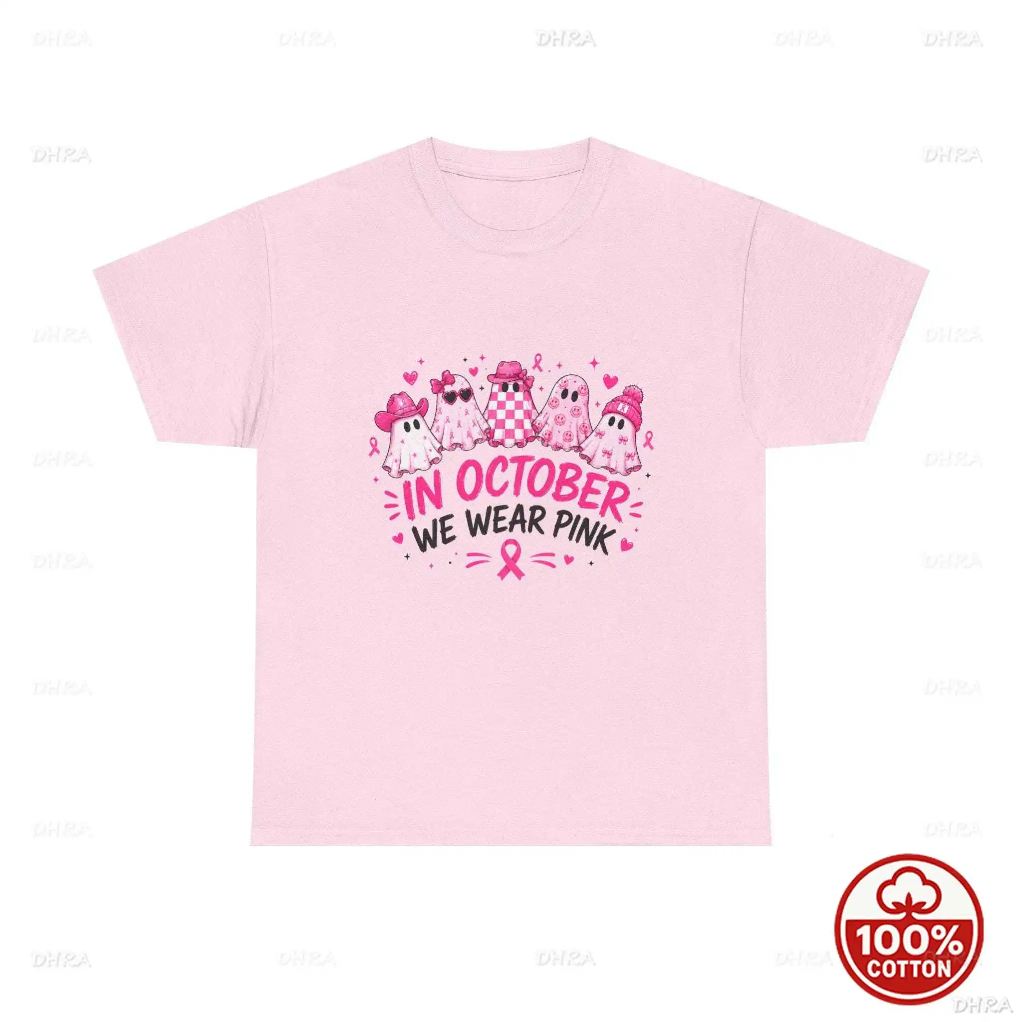 Pink Ghost T Shirt October Breast Cancer Awareness Halloween Graphic Tee Cotton Gift