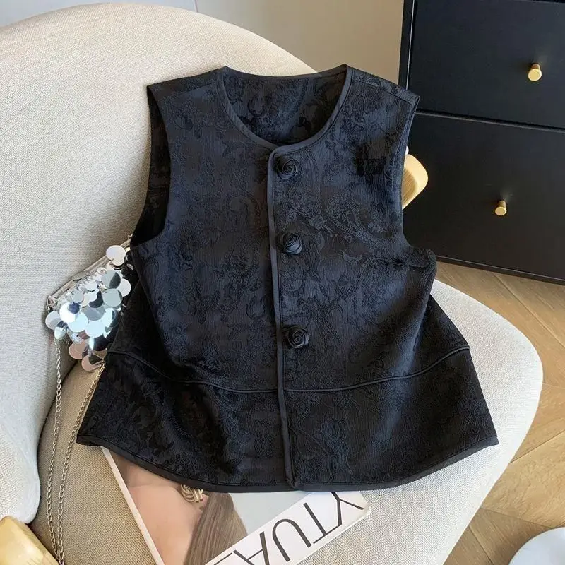 

Новый китайский стиль, французский жаккардовый жилет, пальто, женский весенне-осенний кардиган без рукавов, куртки, модная универсальная черная майка