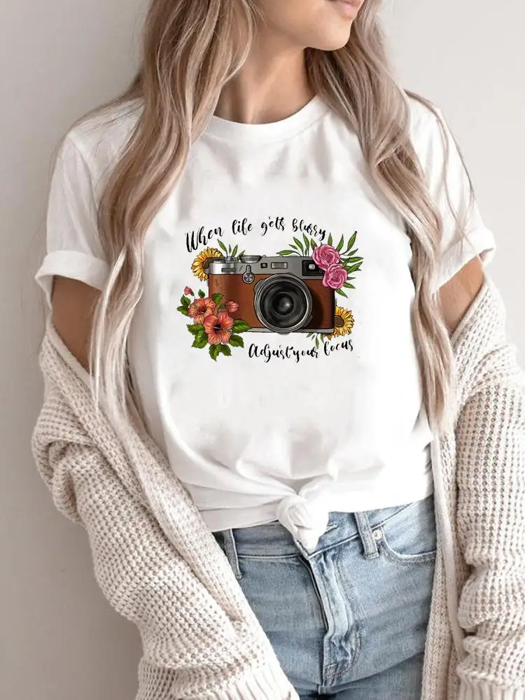 

Camera Vintage Flower Cute Women Short Sleeve Fashion Summer Graphic Tee Print Clothing T-shirts Cartoon Shirt Female T Top