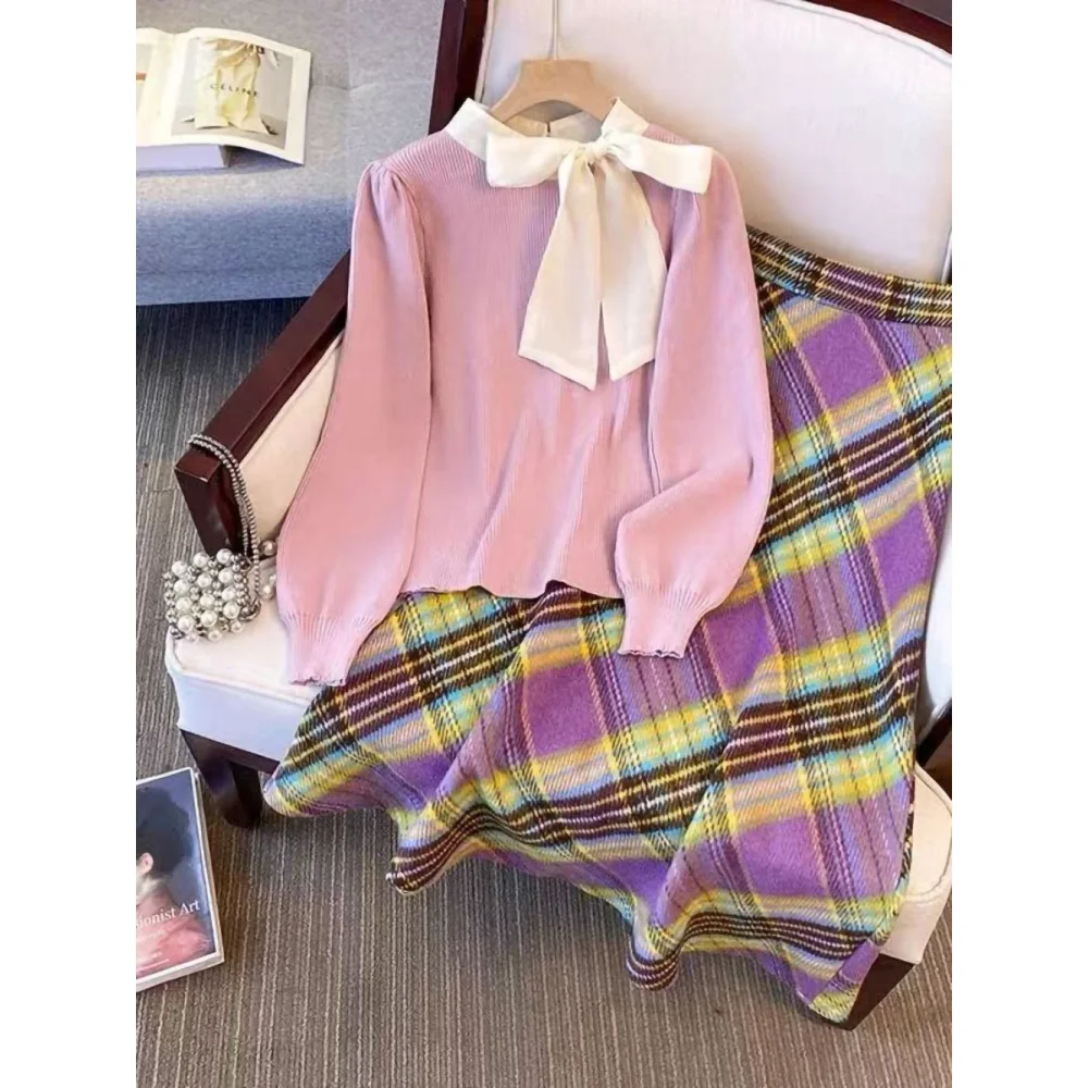 Women Spring Autumn Vintage Graceful Bowknot Sweater Plaid Skirts 1 or Two Piece Set Lady Retro Knit Tops High Waist Skirt Suits