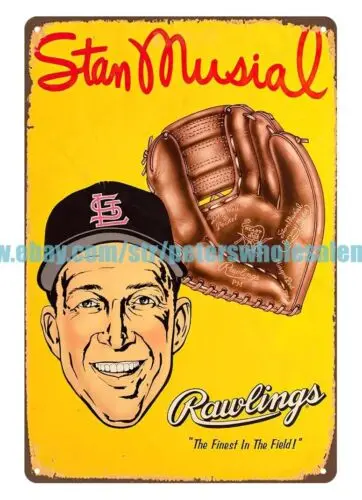 1950'S STAN MUSIAL RAWLINGS baseball metal tin sign old ads hanging