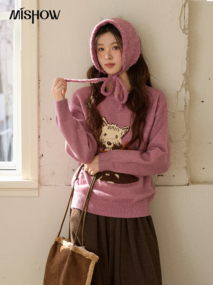 MISHOW-suéter grueso de Jacquard para perro para mujer, Tops de punto suaves y sueltos de lana ártica morada para invierno (diadema no incluida) MXE88Z2599