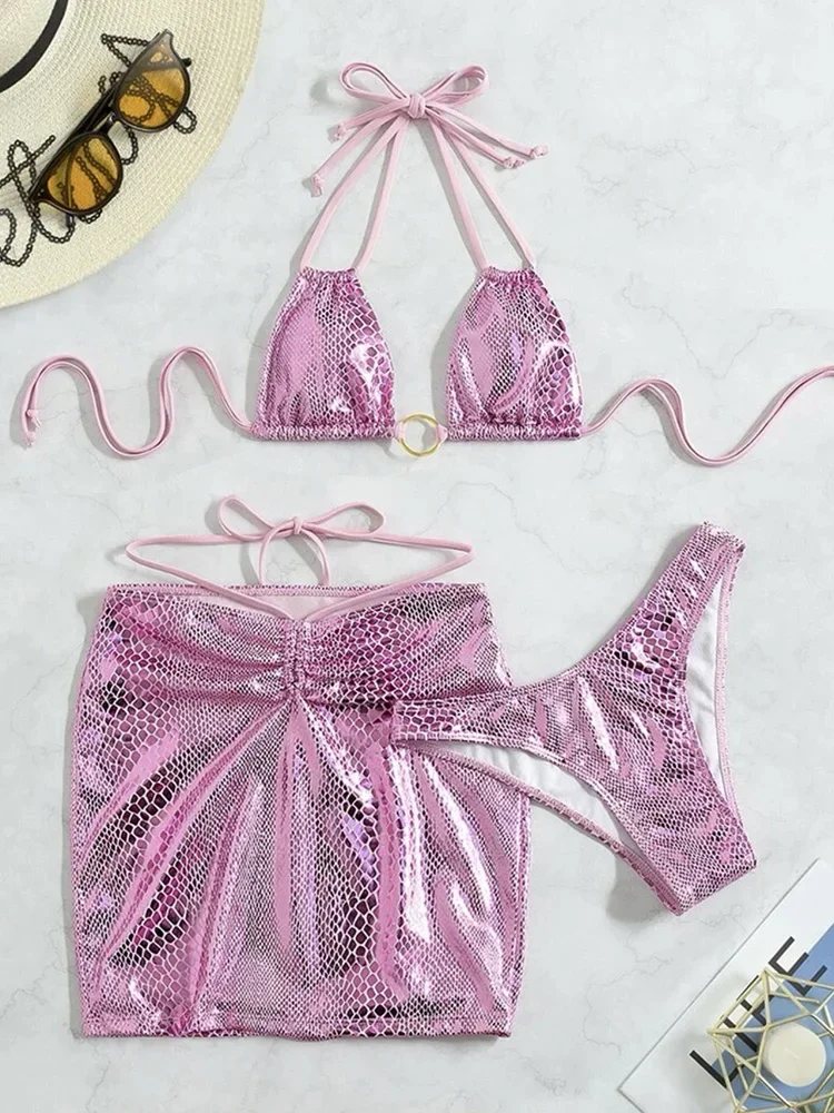 Bikini de piel de serpiente brillante con falda para mujer, traje de baño femenino, conjunto de Bikini de tres piezas, traje de baño con cuello Halter, ropa de playa 3 uds.