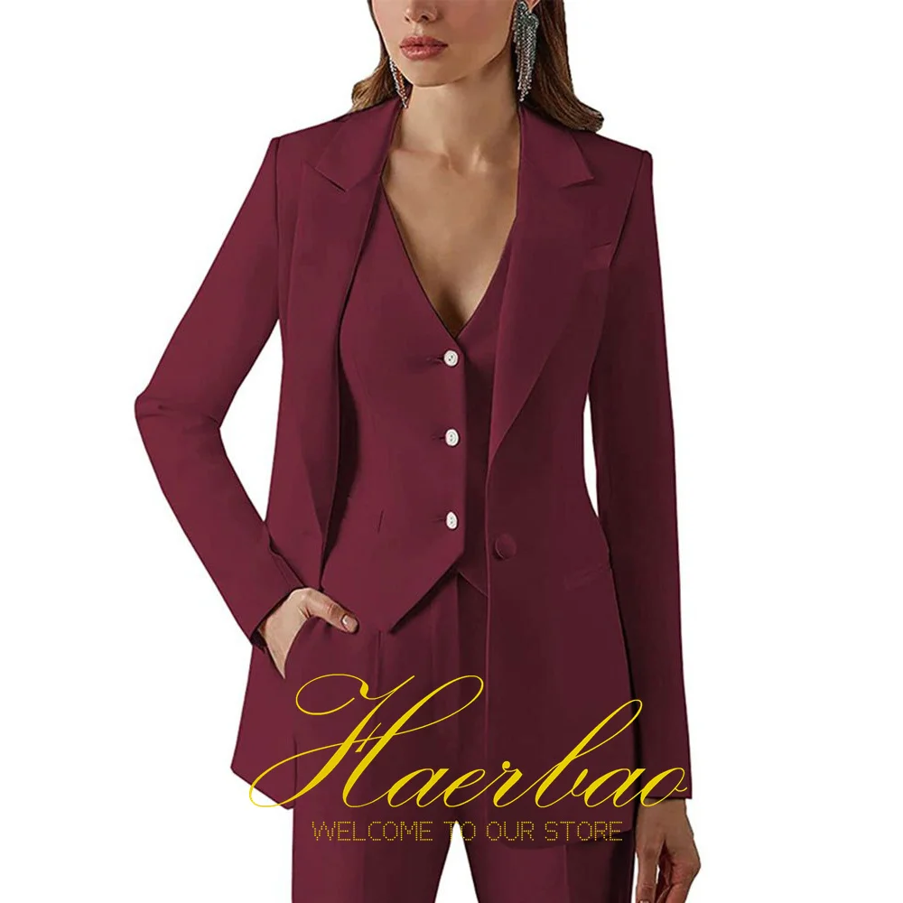 Burgundy Three-Piece Suit for Women, Slim Fit Tuxedo, Jacket Pant Vest Set, Formal Party Clothes