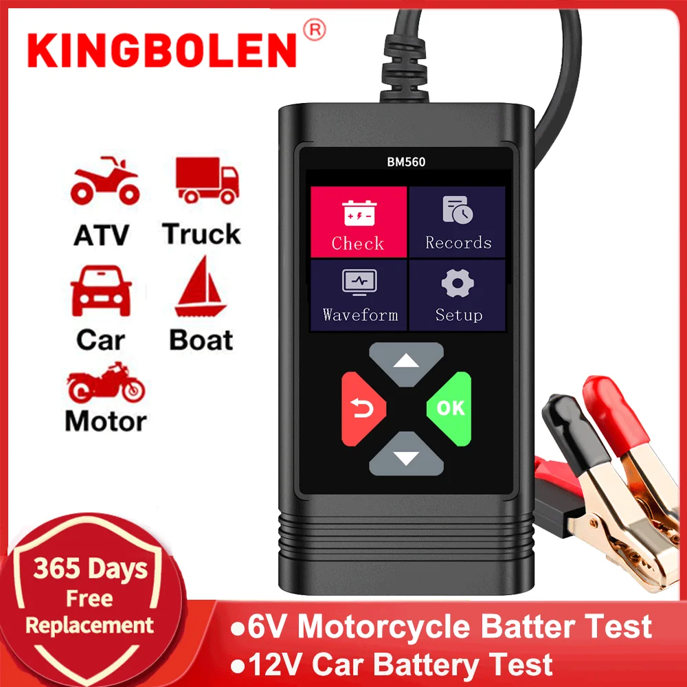 KINGBOLEN BM560 Battery Tester 6V Motorcycle 12V Car Battery Analyzer Cranking Charging Ripple Reverse Protection Car Charger