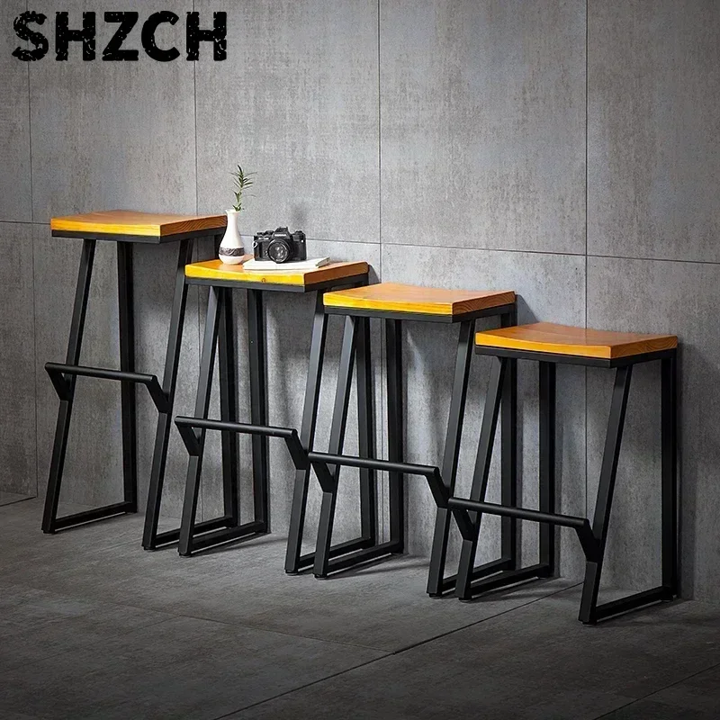 Minimalist High Foot Iron Bar Chair, Solid Wood Seating, Counter Seats, Stable Load-Bearing Restaurant Furniture, Kitchen Stools