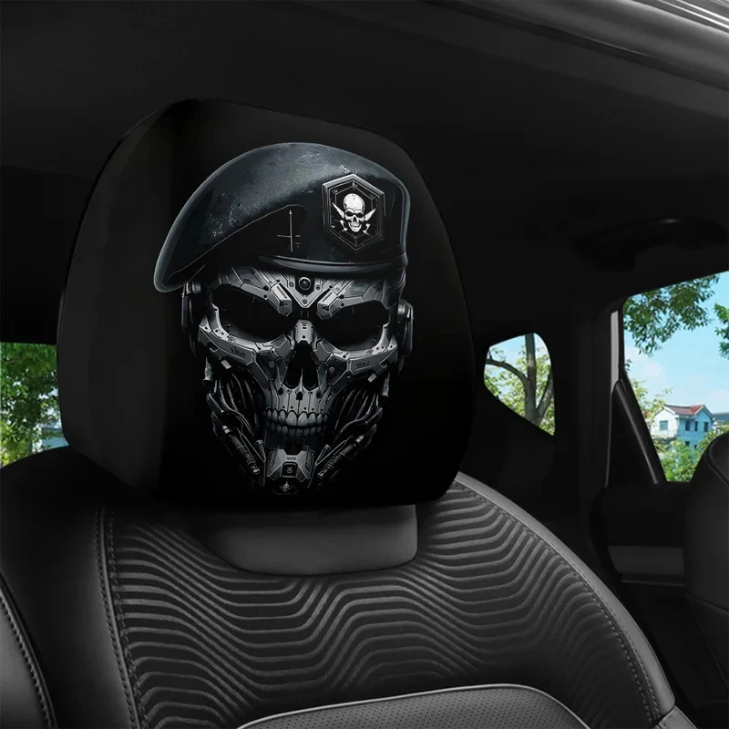 2pcs, Mechanical Skull Print Car Headrest Covers,  Elastic Design, 3D Realistic Printing,