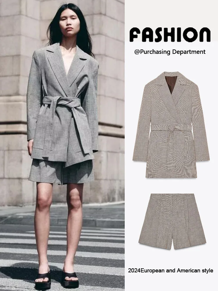 Spring New Arrival Women's Suit Jacket High Waist Shorts Two-Piece Set Long Sleeve V-Neck Button-Up Fashionable Workwear
