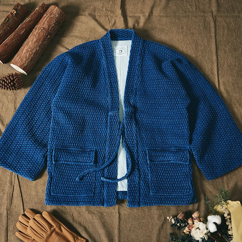 Japan fashion Vintage Retro Heavy Blue Dyed Thickened Robe Japan Kendo Suit Indigo Overfit jacket Outerwear