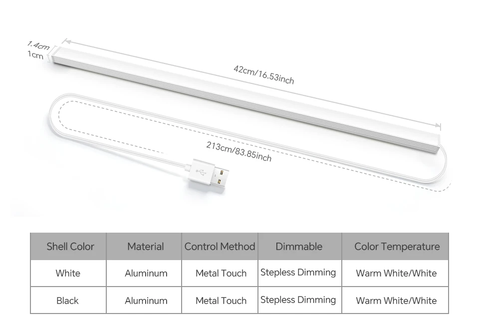 Black/White Shell USB Powered LED Night Light Bar 42cm Aluminum Touch On/Off Dimmable Lamp Cabinet Closet Washing Room Lighting