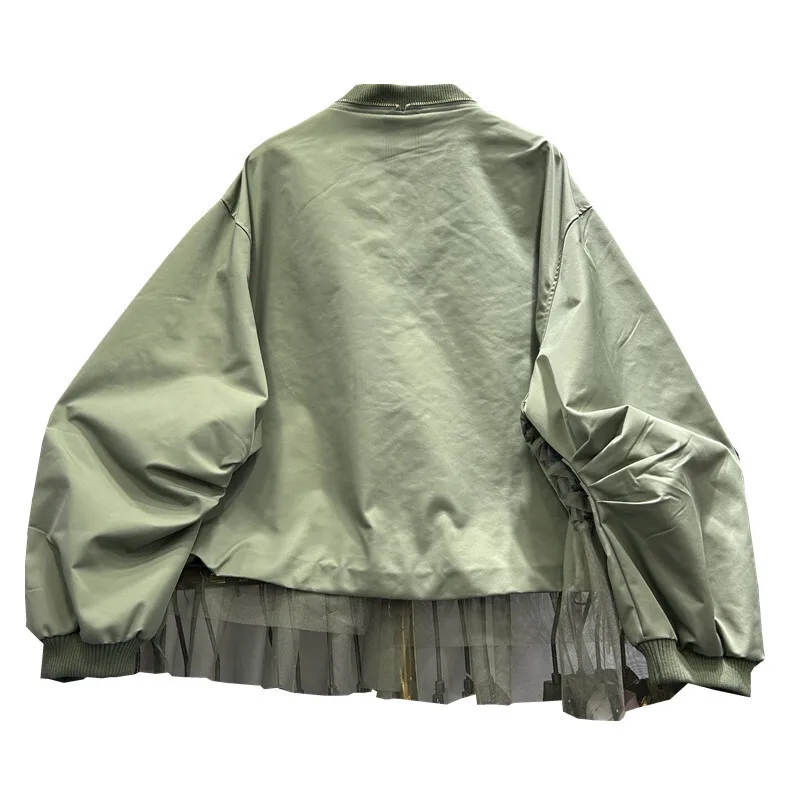 ANJY خريف شتاء جديد إمرأة الدنيم شبكة المرقعة جيب كبير سستة البيسبول سترة أنيقة تنوعا التخسيس معطف عصري A15245 #2