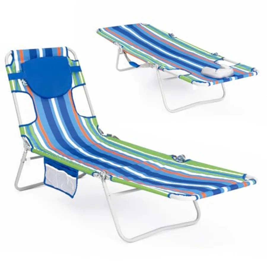 

Folding tanning chair for outdoor sunbathing and poolside use, aluminum frame with blue/green fabric, 5-position recline and fa