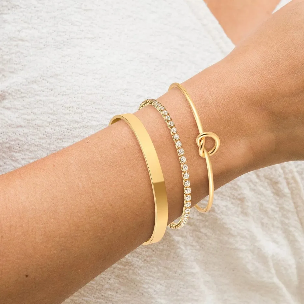 3Pcs Gold Stackable Bracelet Set, Smooth Cuff, Crystal Tennis Chain & Love Knot Bangle Minimal Layering Jewelry for Women