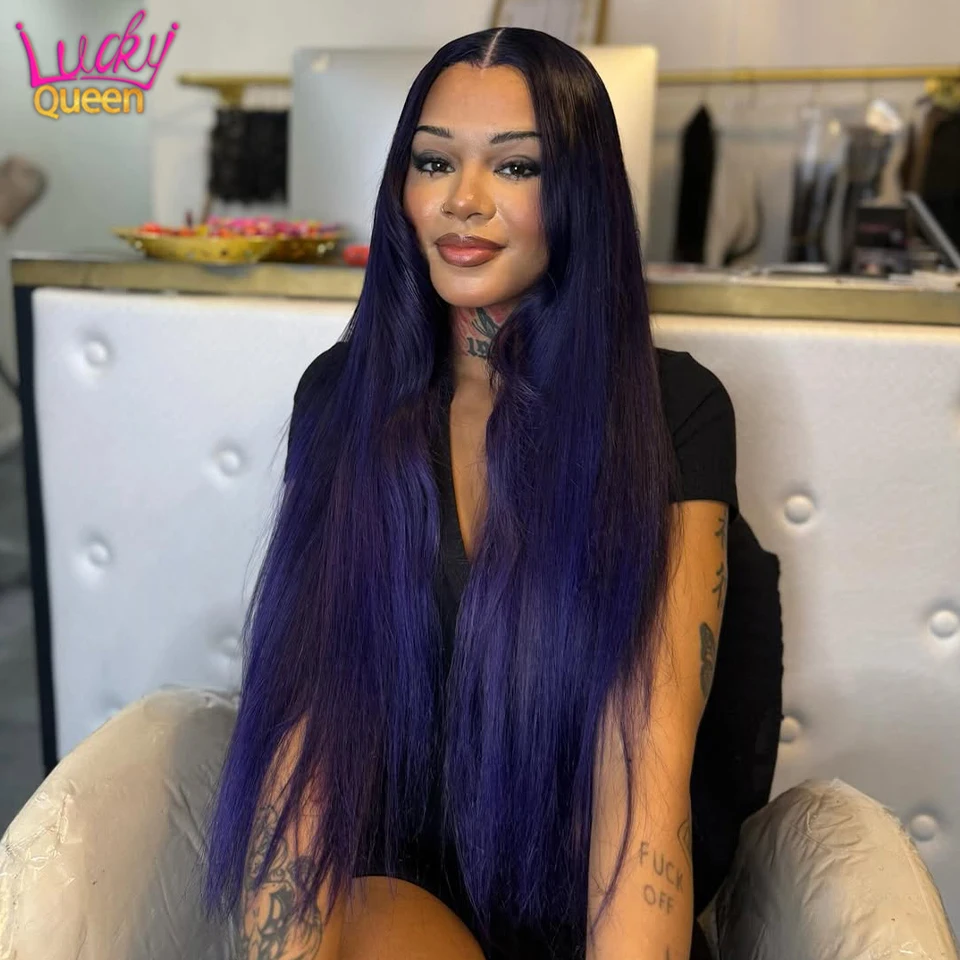 1B Dark Purple Ombre Wigs Straight Human Hair 7X5Glueless 180Density 32 Inch Pre Plucked Transparent Lace 13X6 Frontal For Women