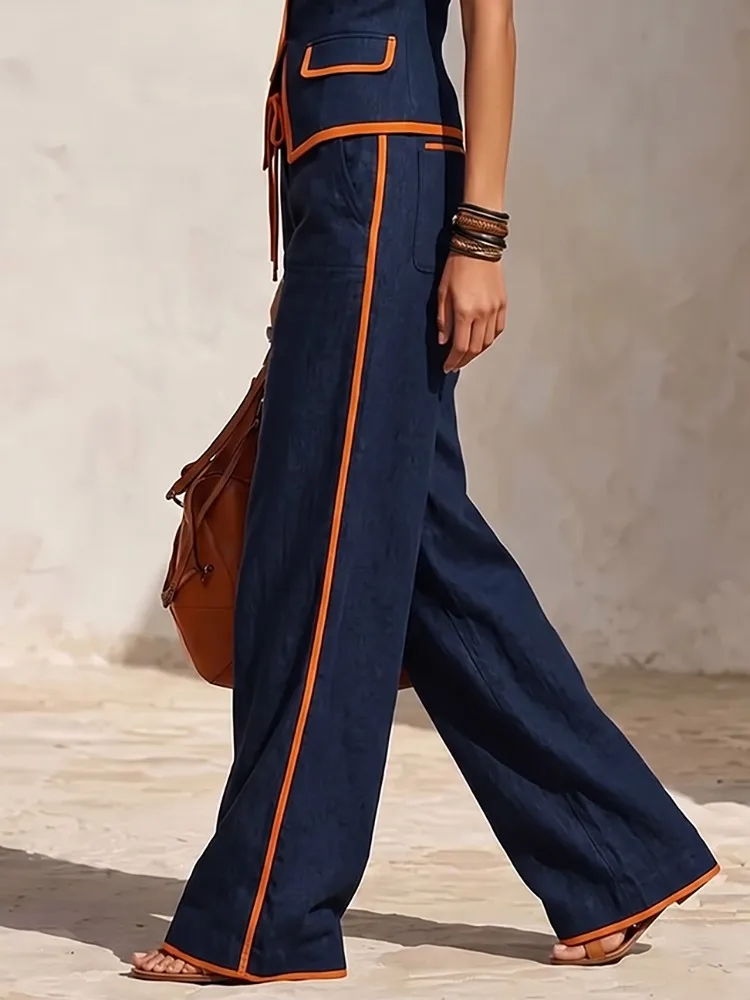 Yeezzi Women Contrast Color Wide Leg Matching Pants Drawstring Elastic High Waist Pockets Casual Office Loose Trousers Bottoms view 3