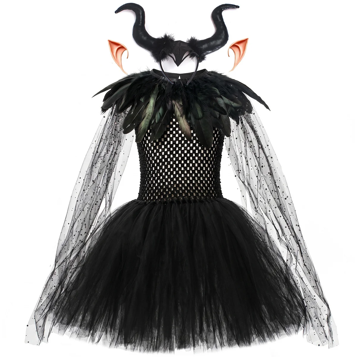 Mädchen Kostüm Dunkle Gefallene Engel-Königin, Spitzen-Tüllkleid, Horn-Stirnband, Federflügel, Zepter, Halloween-Karneval-Kinder-Cosplay-Outfit – Detail 15
