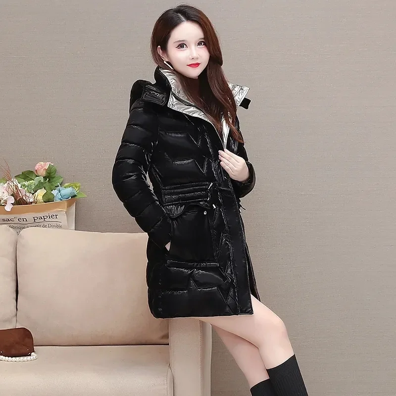 Pearlescent Bright Face Wash Free Down Cotton Coat Women Mid length Slim Fit Cotton Coat 2023 New Cotton Coat Shows Slim Weight