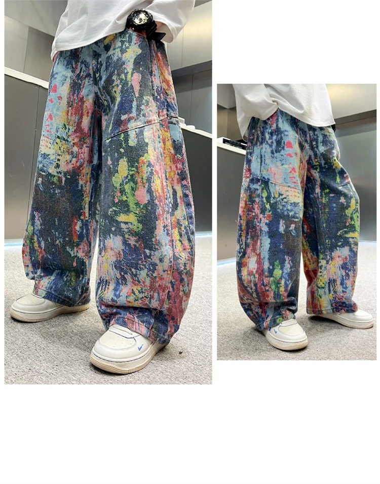 Street-Style Kinder Baggy Jeans mit Malerei für Jungen, Modische Hip-Hop Bedruckte Öl-Denim-Hosen, Teenager Kinder Streetwear Jeans Hosen – Detail 3