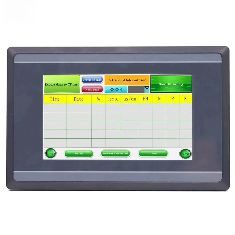 Measuring and Logging Soil Moisture Temperature Humidity EC PH NPK Sensor with HMI touch screen soil detector