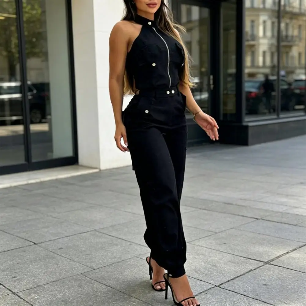 

Women Summer 2 Piece Set Zip Up Halter Tops Cargo Pants with Pockets Casual Travel Vacation Outfits Loose Fit