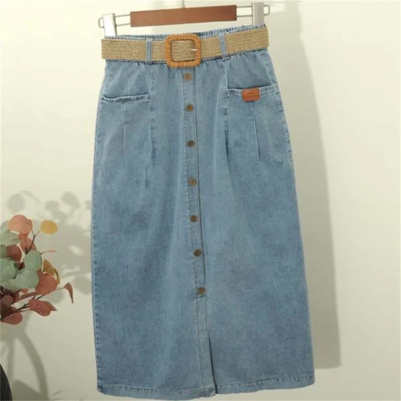 

Denim skirt women's new single-breasted a-line skirt elastic waist long skirt