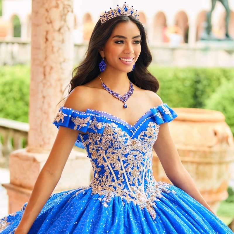 Blue Shiny Quinceanera Dresses Ball Gown Gold Appliques Lace Beads Corset Princess Dress vestidos de 15 quinceañera