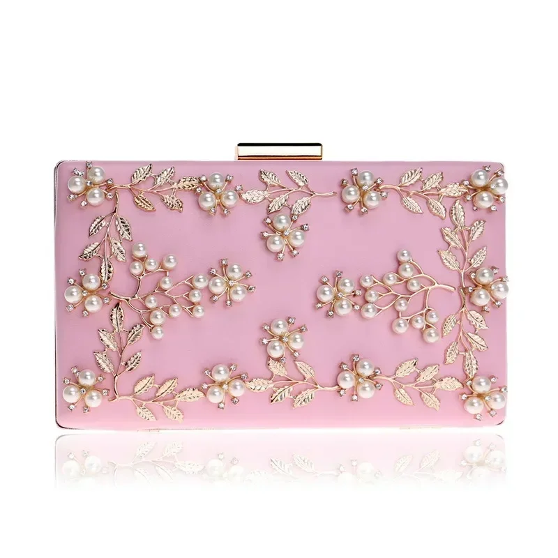 Pink Clutch Purse Women Fashion Pearls Beading Bride's White Square Bags Luxury Leather Cellphone Handbags Envelope Evening Bags