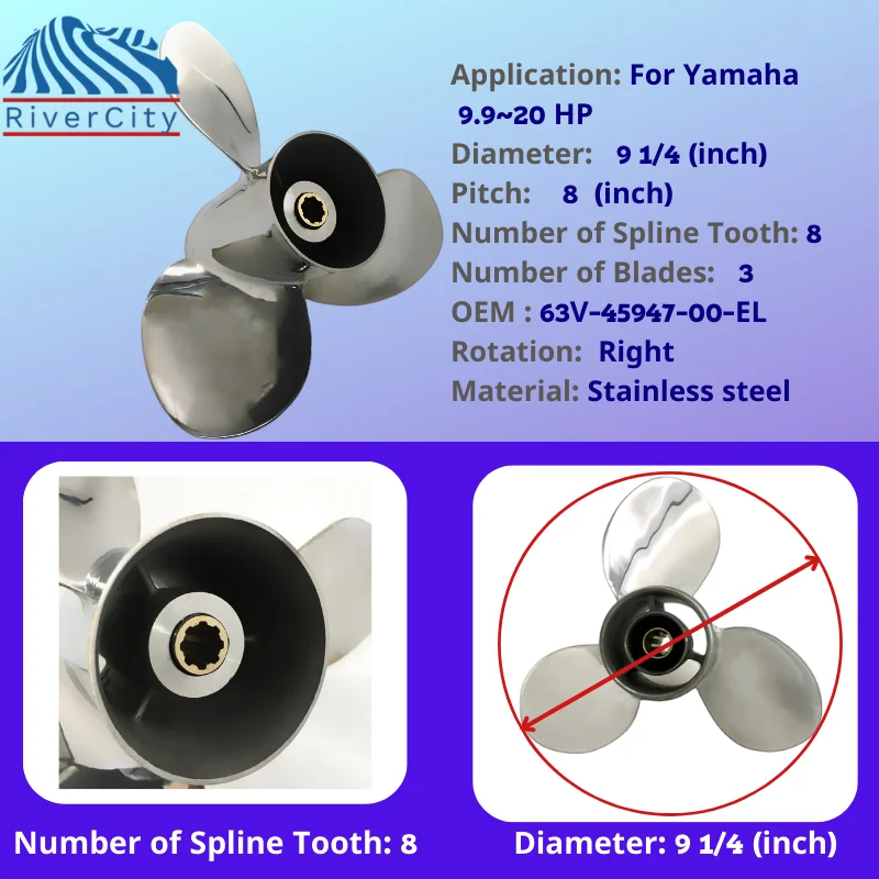 For Yamaha 9.9HP 15HP F20 Outboard Propeller 9 1/4x8 Boat Motor Stainless Steel Screw Ship Marine Engine 3 Blade 8 Spline