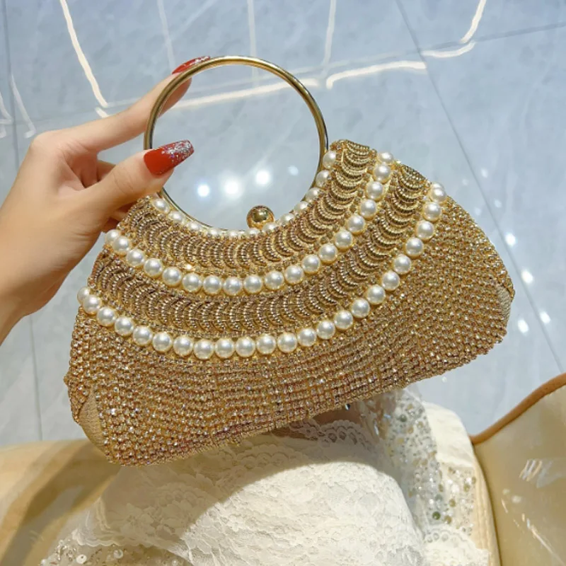 

Luxury Gold Shiny Tassel Handbag Fashionable Rhinestone Splicing Bead Evening Dress Bag Ladies Crossbody Bag