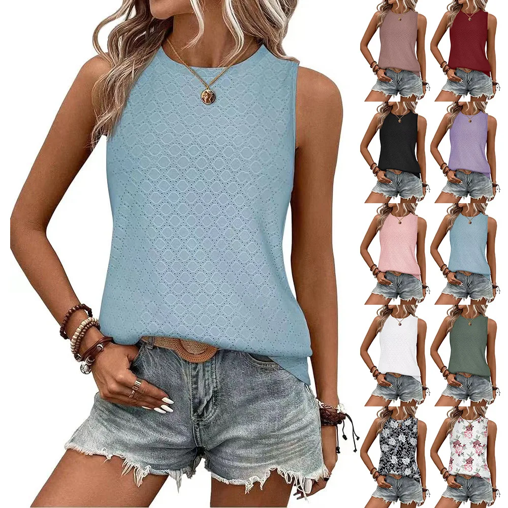 

Women's Top Summer Round Neck Printed Tank T Shirt Loose Solid Color Hollow Out Casual Sleeveless Blouse for Women