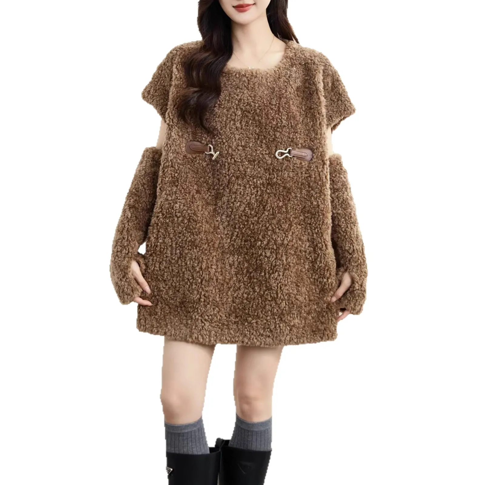 Women Faux Fur Coat Solid Fur Jacket Fleece Sleeve Covers Round Neck Short Sleeve Thick Warm Fur Loose Casual 2025 Autumn Winter