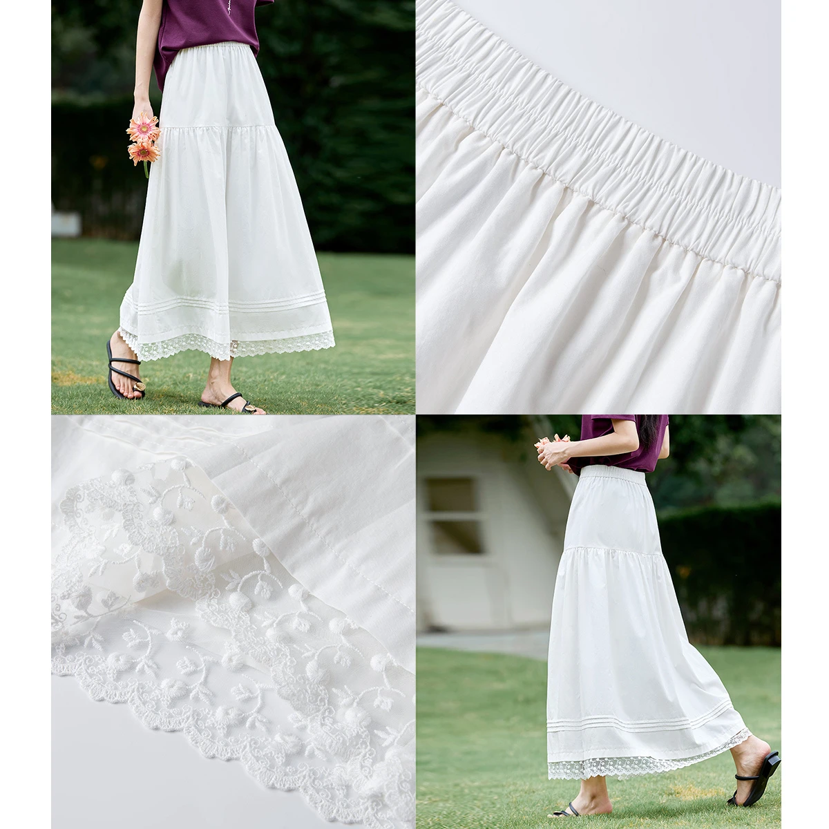 VIMLY White Midi Skirt Women Summer Elastic Waist Mid‑length Skirt Elegant Fashion Embroidered Lace Trim Design Skirts A1530