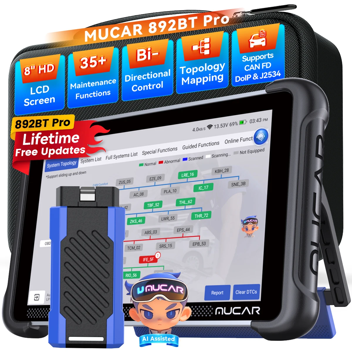 Image of MUCAR 892BT Pro AI OBD2 Diagnosegerät mit Topologie-Mapping, 35 Servicefunktionen, ECU-Codierung, Bidirektionaler Autoscanner, Lebenslange Kostenlose Updates