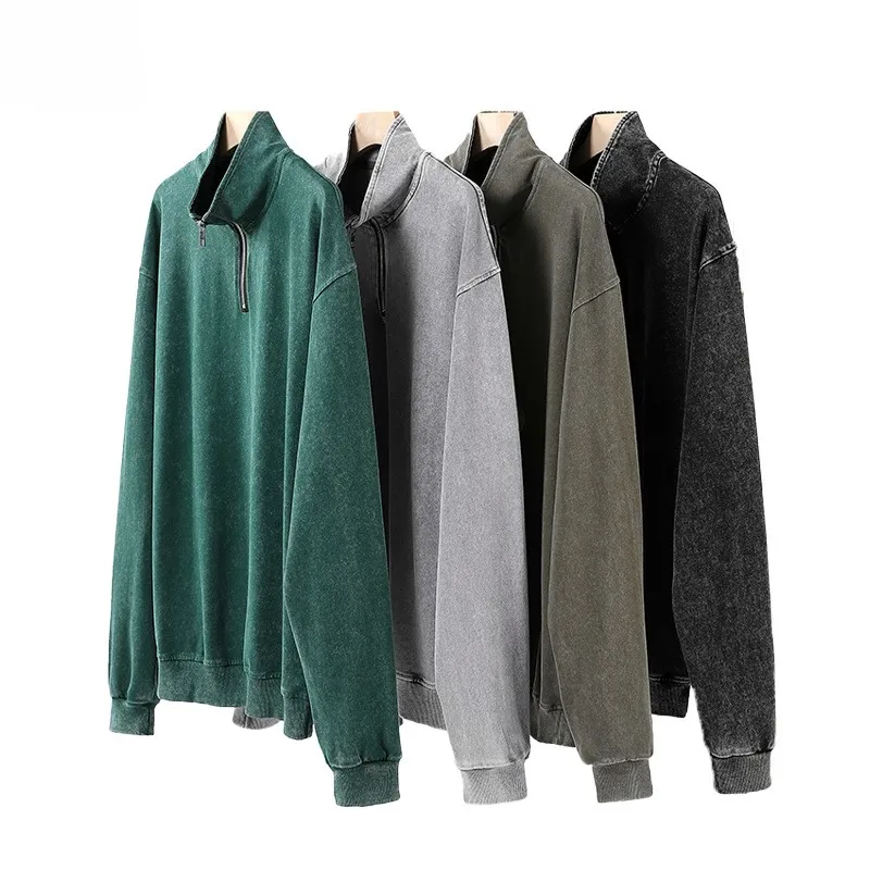 2025 A/W Men's Stand Collar Hoodie - 300GSM Double Washed Cotton Half-Zip Sweatshirt, Vintage Distressed Oversized Streetwear