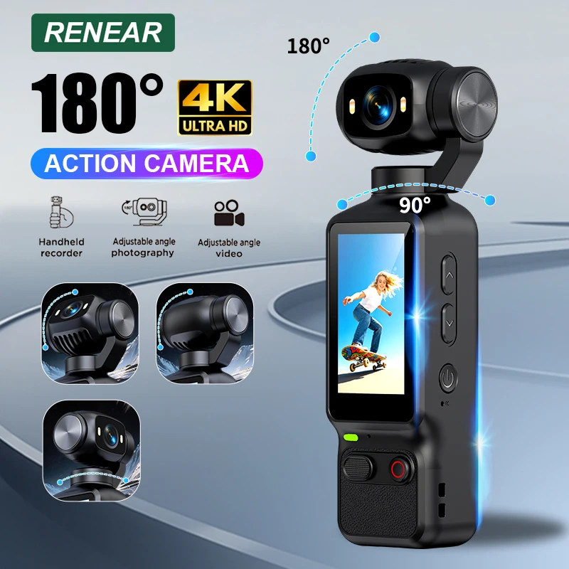 휴대용 HD 4K 액션 카메라 매뉴얼 90도 180도 회전 유튜브 브이로그 영상 촬영 레코드 라이프 핸드헬드 액션 카메라