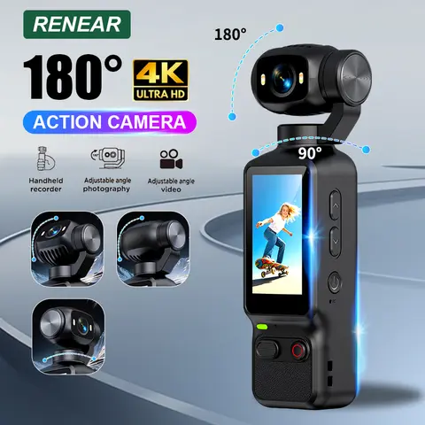 ポータブルHD 4Kアクションカメラマニュアル 90/180度回転 YouTube Vlogビデオ録画用 ライフ記録用手持ちアクションカメラ