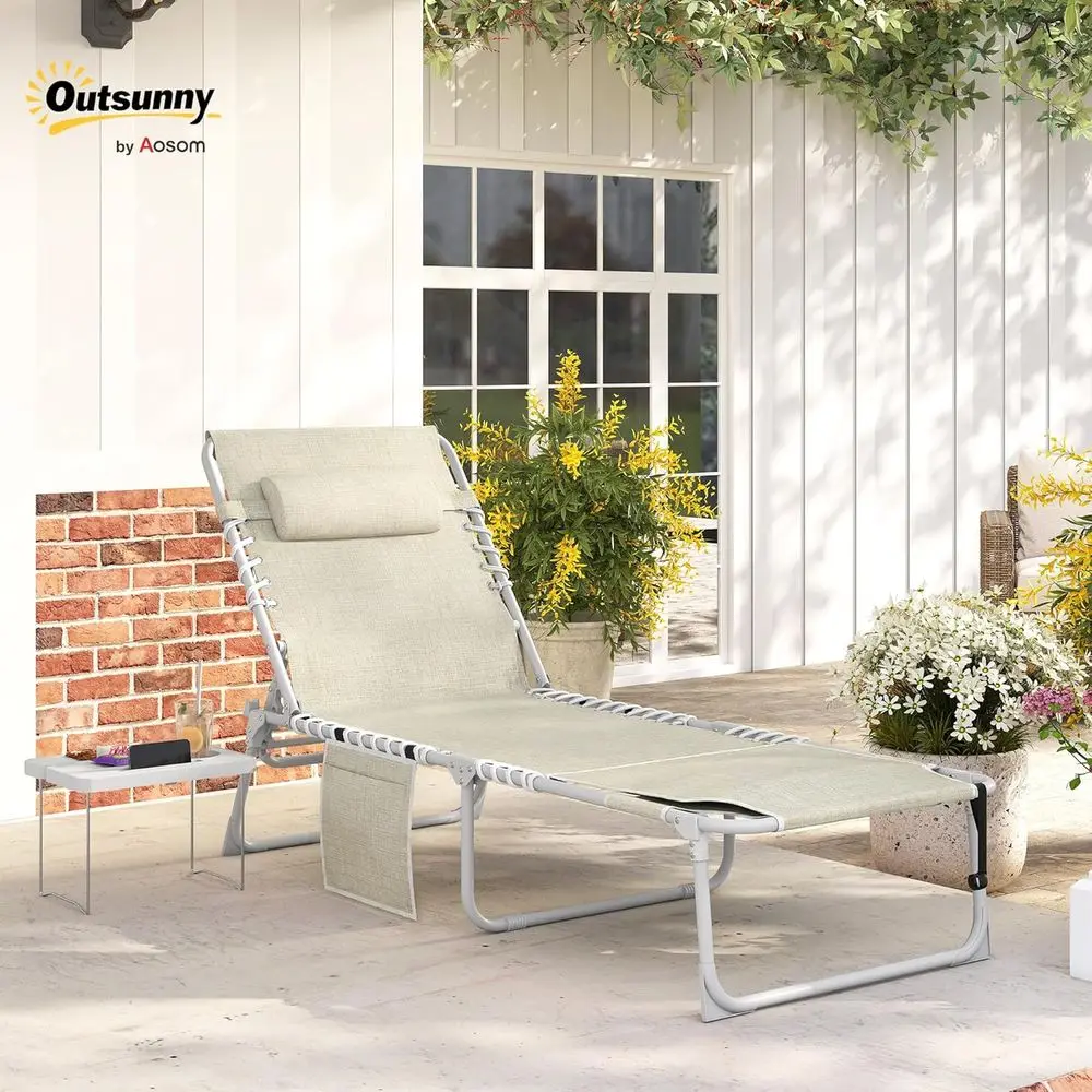 Tanning Chair with ace Hole, Side Table, 5-Position Reclining olding Chaise Lounge Chair Outdoor Lounger Recliner, Carry Straps