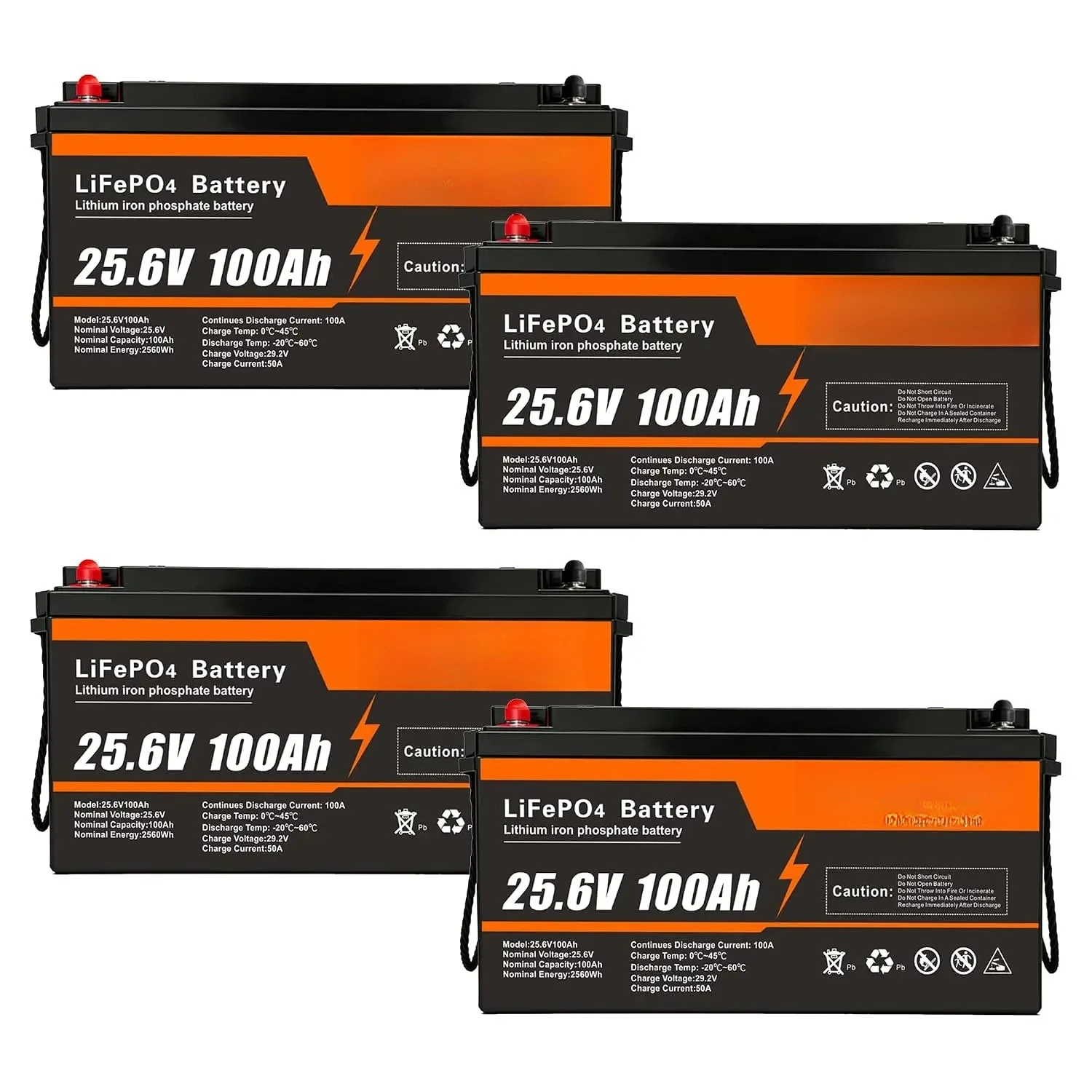 4 Pack 24V 100Ah LiFePO4 Lithium Battery, 100A BMS, 2560W | 15000+ Deep Cycles, 25.6V High Energy Density, Ideal for, Custom