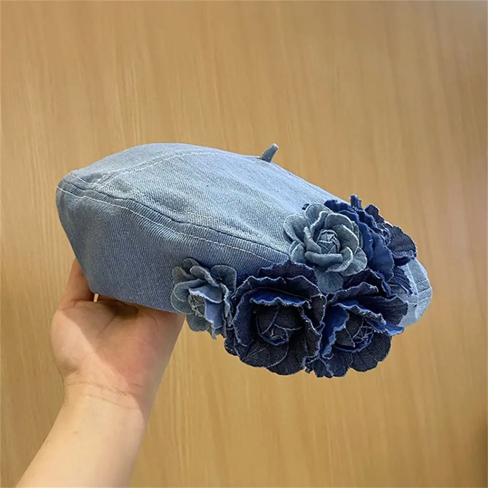 New Denim Color Cotton Painter Hat Contrasting Colors Camellia Fluffy Beret Hat Fashionable Casual Flower Beret Cap