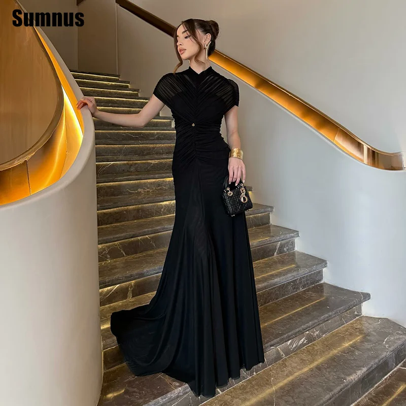 

Sumnus Elegant Mermaid Black Evening Dresses High Neck Pleats Draped Formal Dresses Gala فساتين سهرة Customized