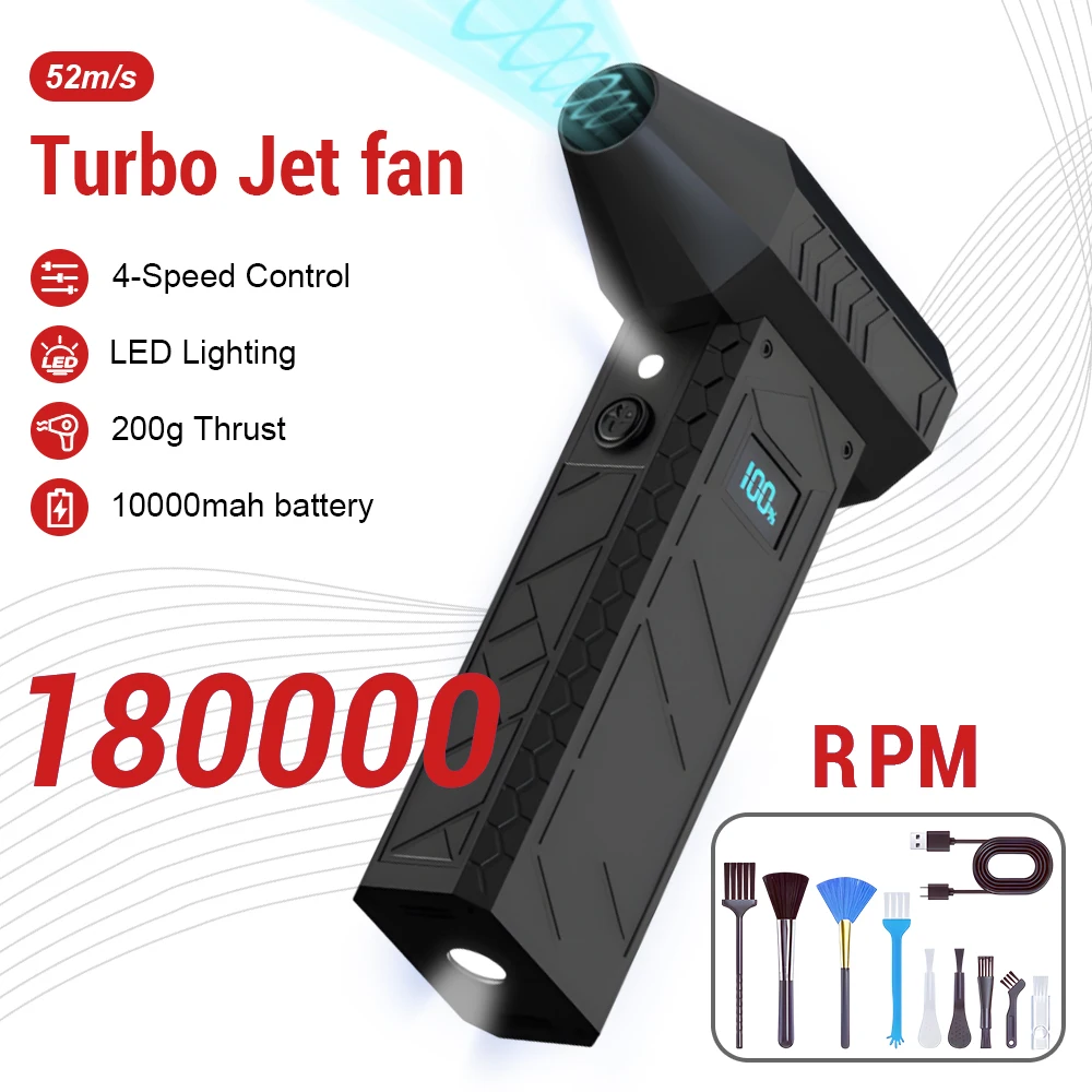 180000RPM Mini Turbo Jet Fan Powerful Compressed Electric Air Duster for Car Dryer/PC/Home Handheld Duct Blower 10000mah