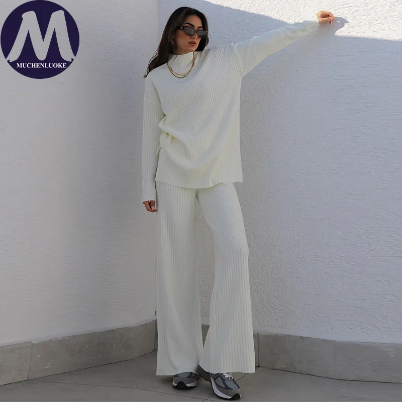 

Комплект из 2 предметов для женщин, осенне-зимний новый вязаный свитер с длинными рукавами и полувысоким воротником, модные повседневные свободные комплекты брюк