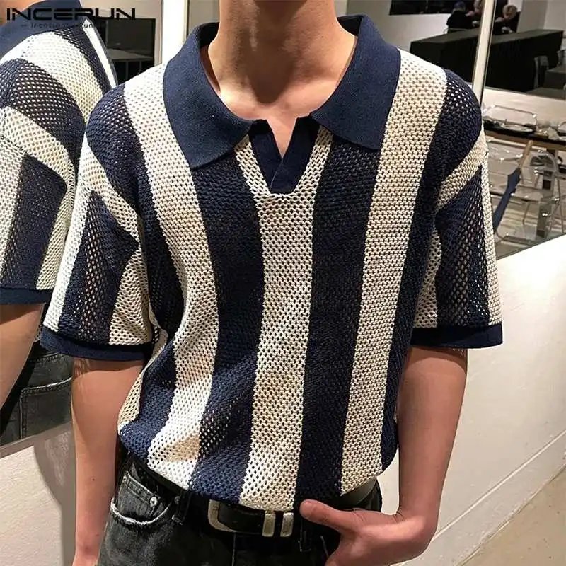 

INCERUN Tosp 2024 Korean Style Fashion Men's Hollow Out Striped Design Shirts Casual Streetwear Lapel Short Sleeved Shirts S-5XL